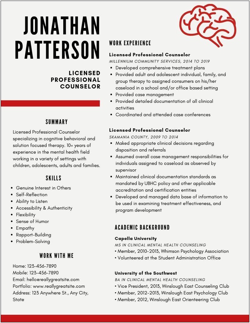 Licensed Professiona Counselor Sample Resume