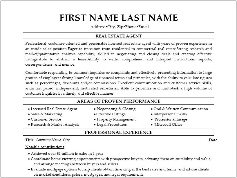 Licensed Real Estate Resume Sample