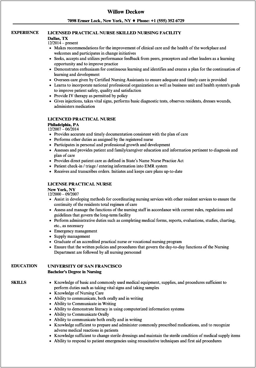 Licensed Vocational Nurse Resume Objective