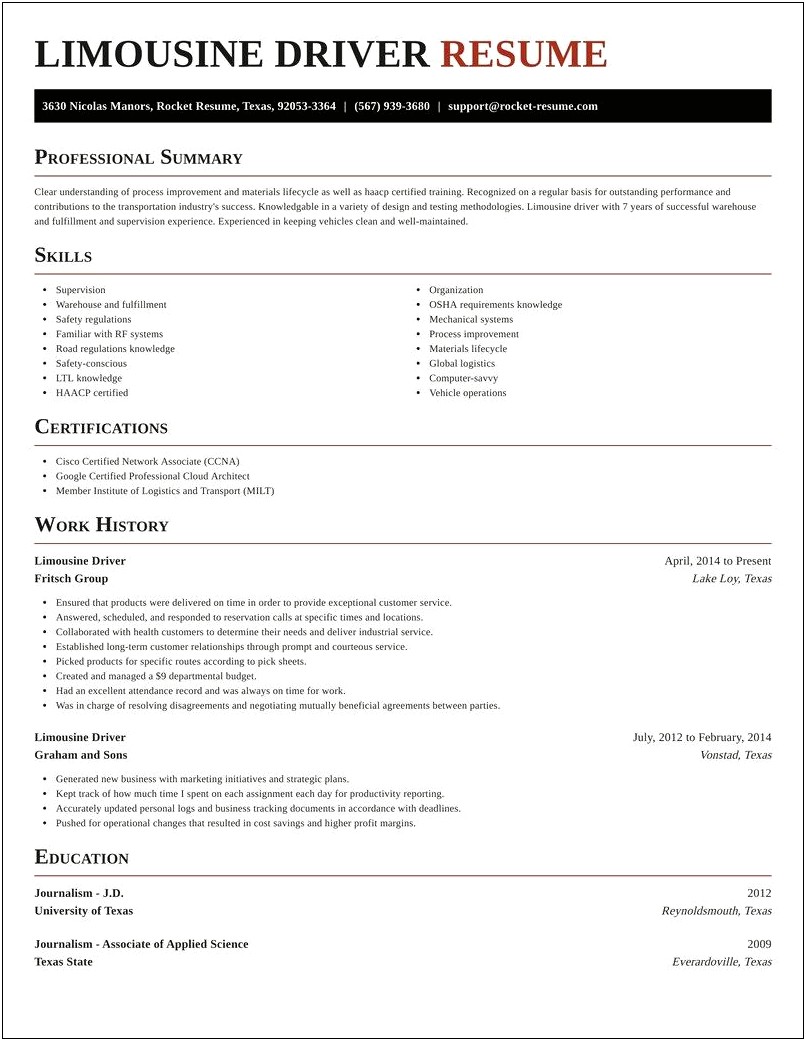 Limousine Driver Job Description For Resume