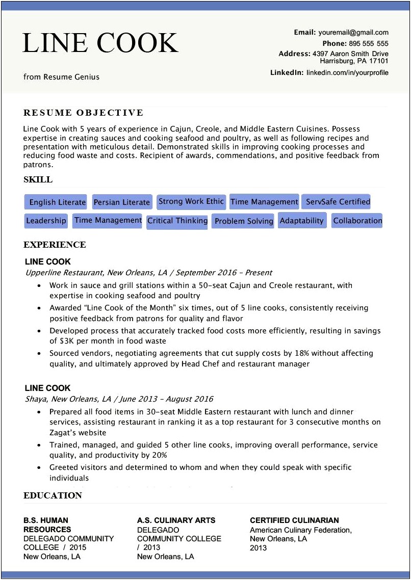 Line Cook Resume Cover Letter Examples