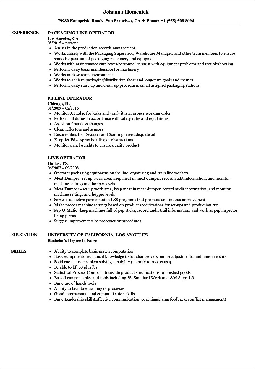 Line Operator Job Description For Resume