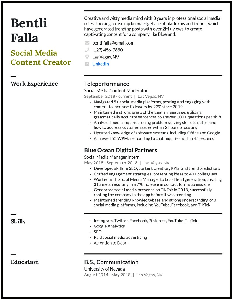 Linkedin Social Media Manager Job Description Resume