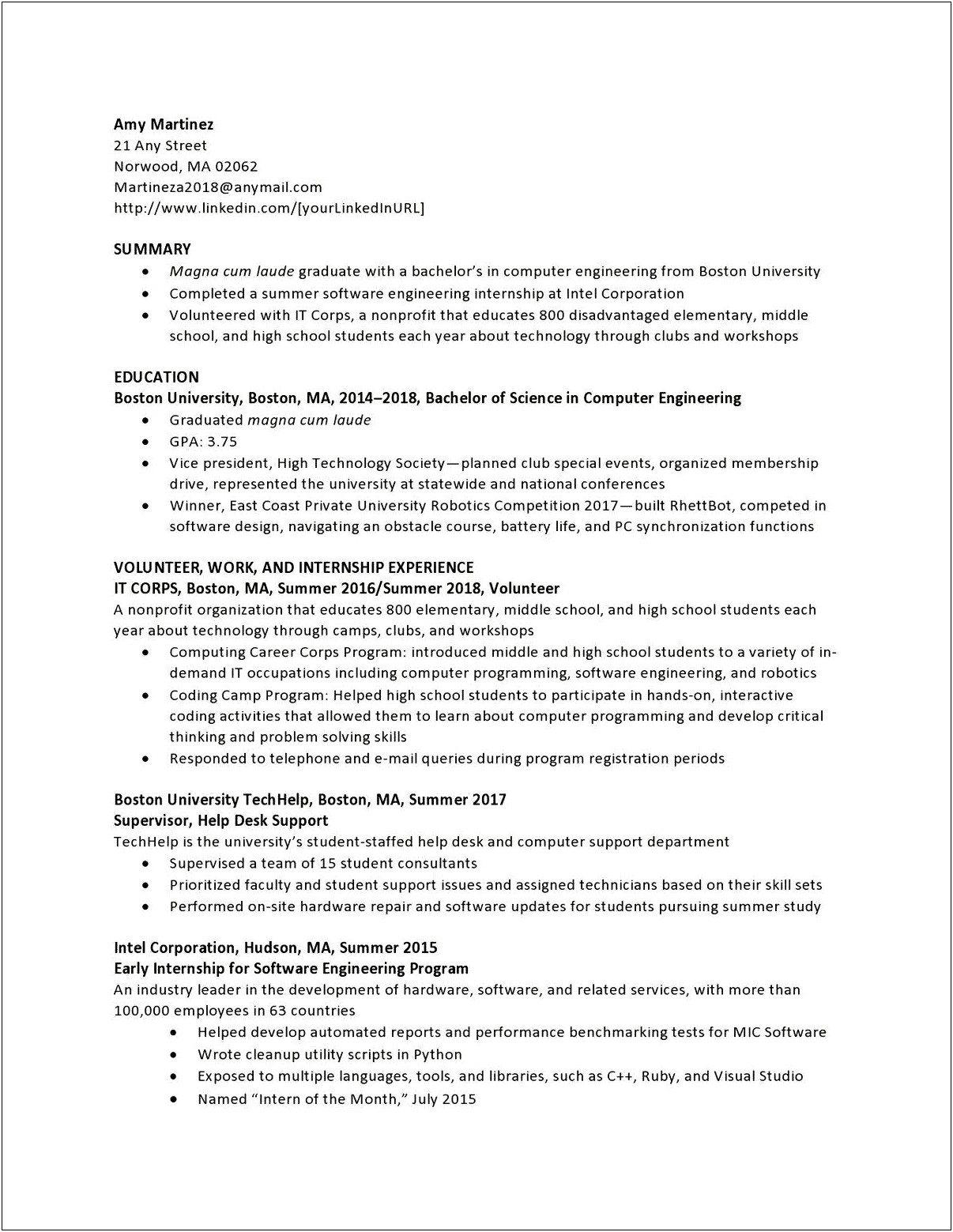 Linkedin Summary For Entry Level Information Technology Resume