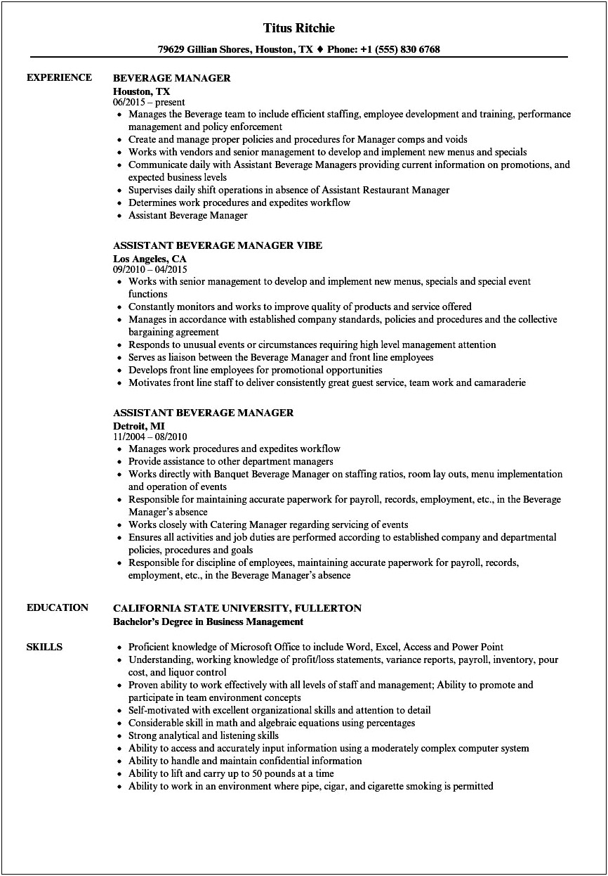 Liquor Store Manager Experience Resume