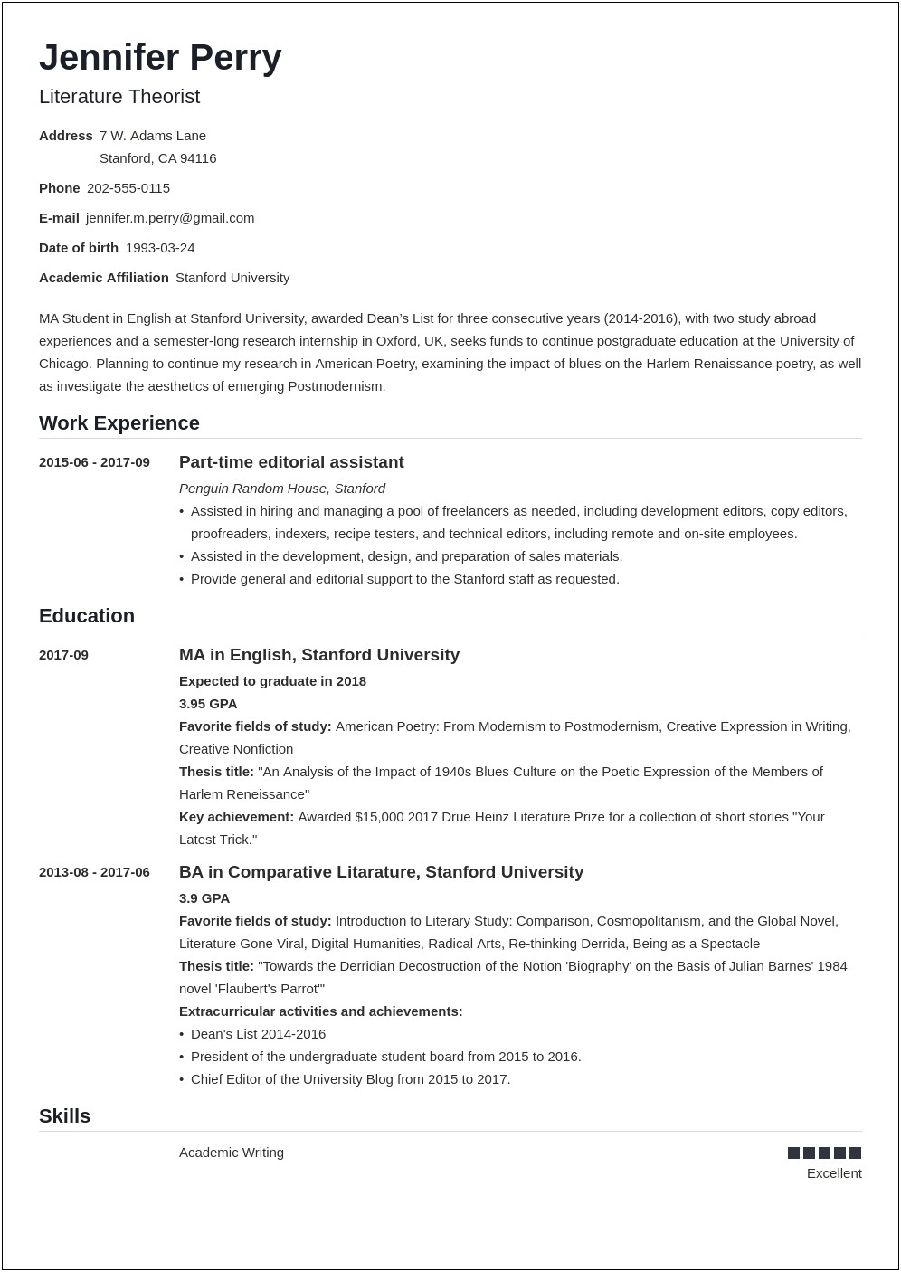 List Of Objectives For A Resume For Students