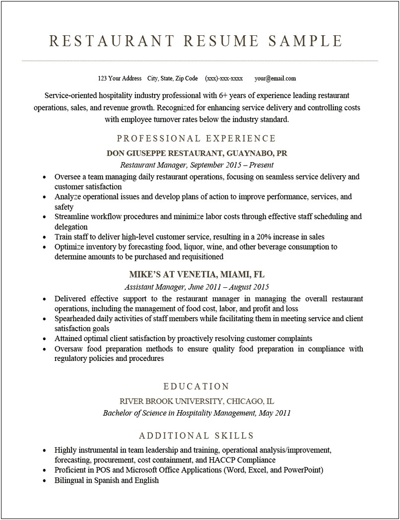 Listing Restaurant Experience On Professional Resume