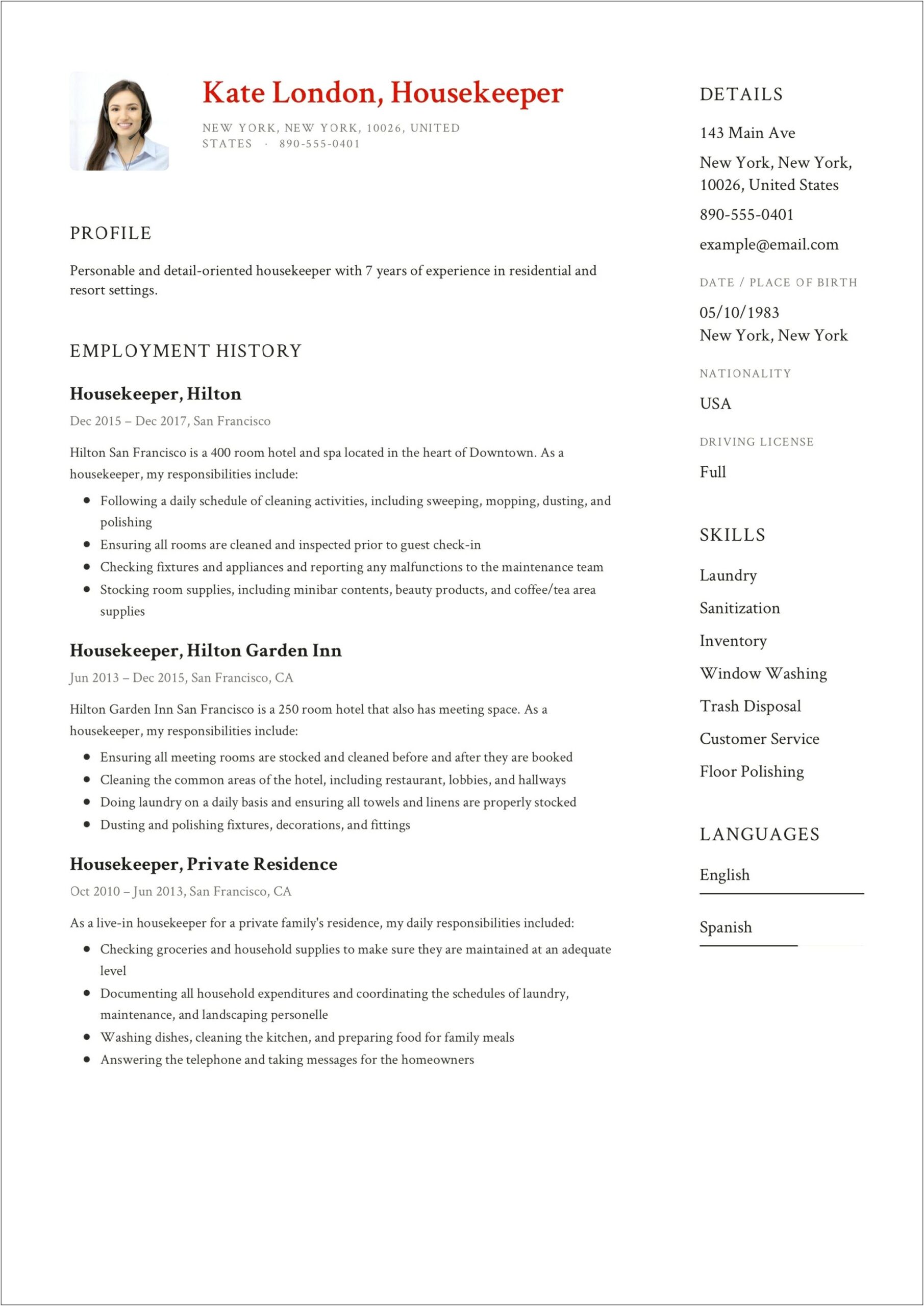 Live In Houskeeper Resume Object