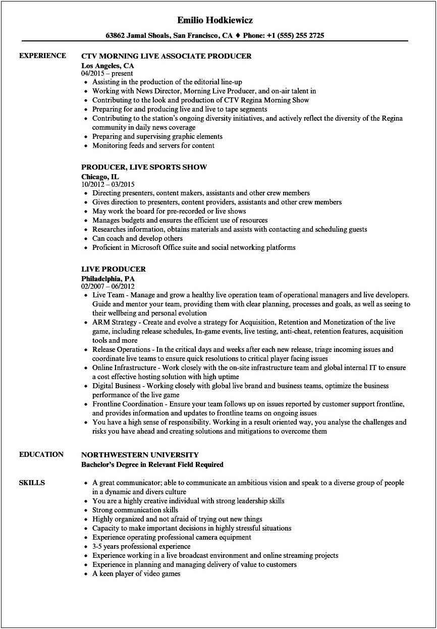 Live Music Production Manager Resume