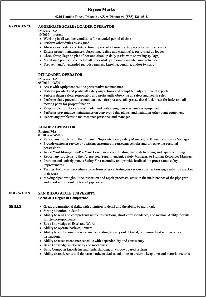 Loader Job Description For Resume