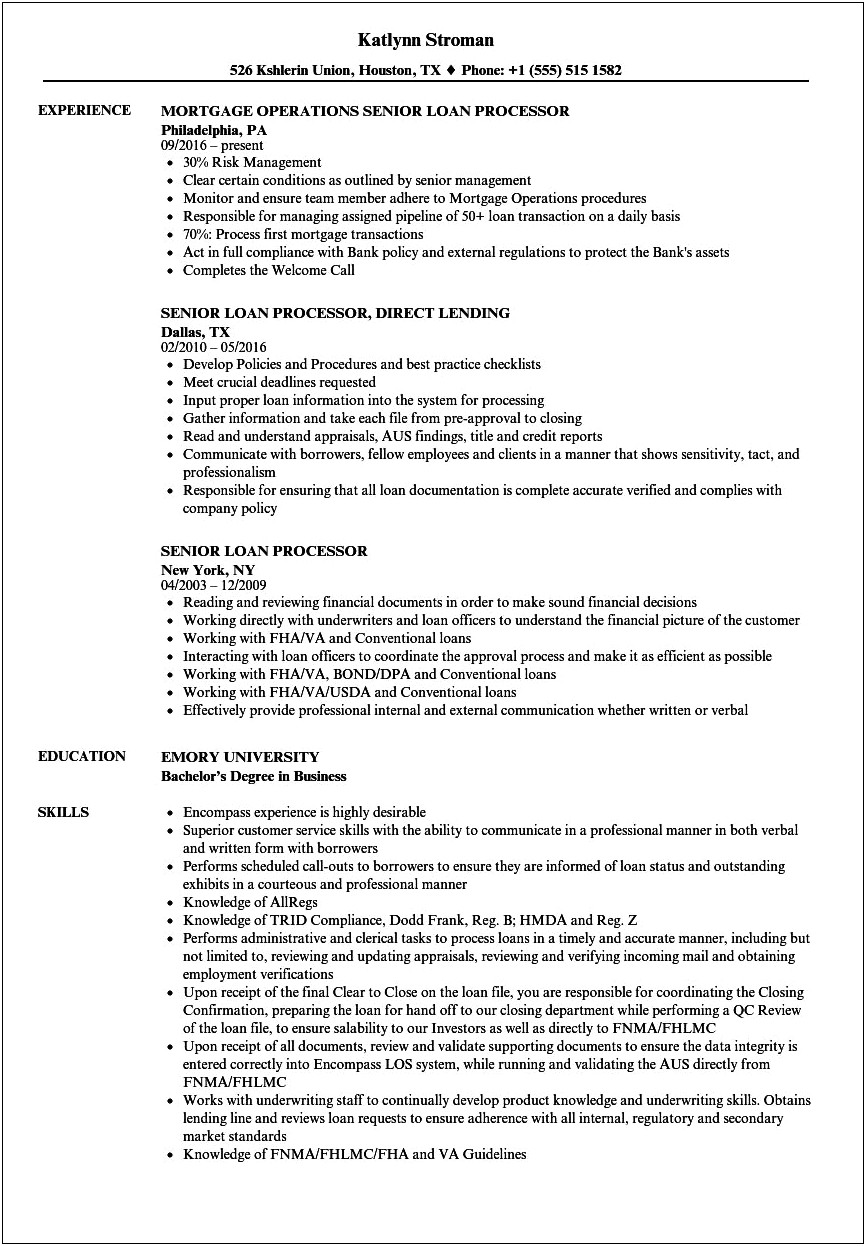 Loan Closer Job Description Resume