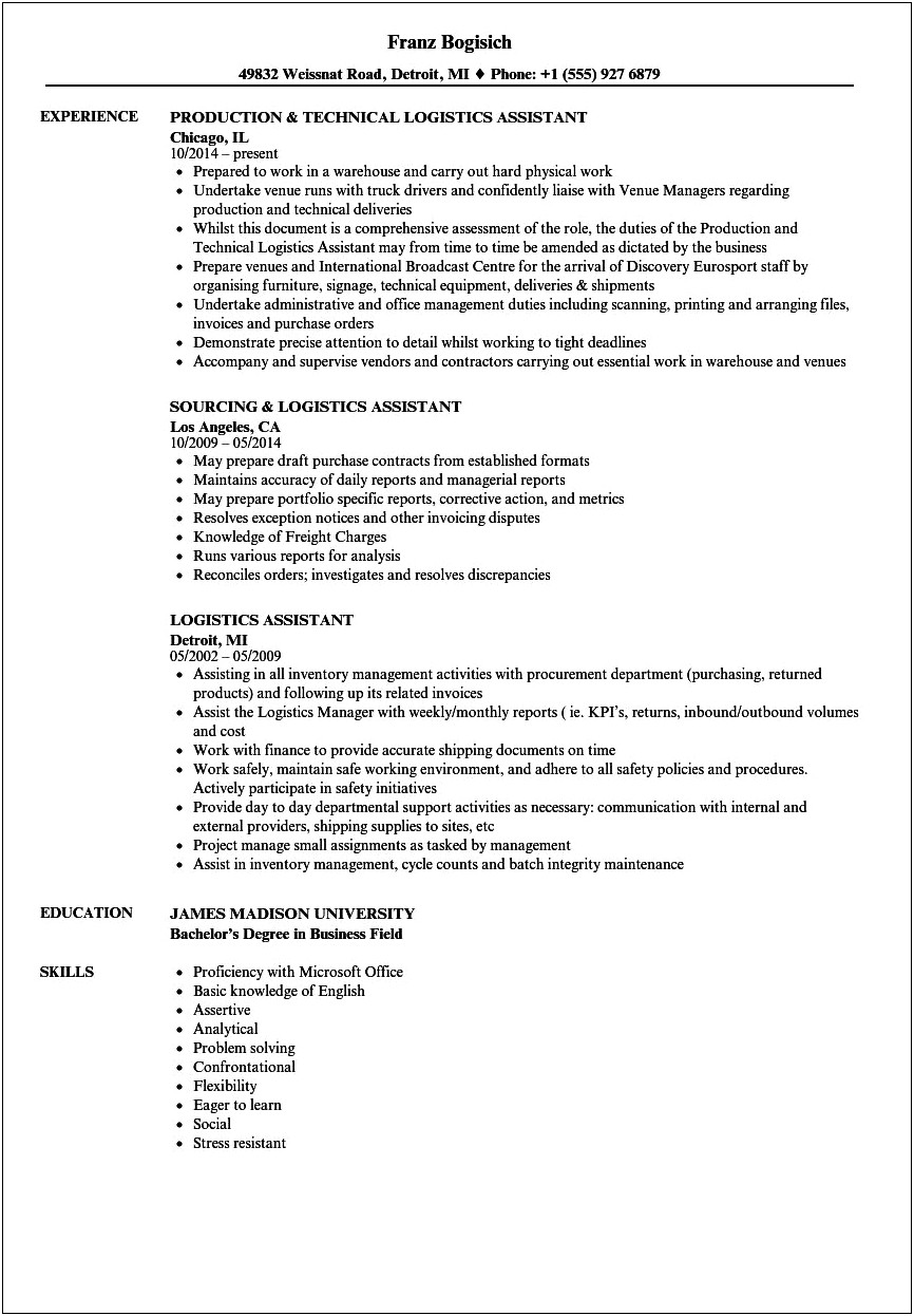 Logistic Assistant Job Description Resume