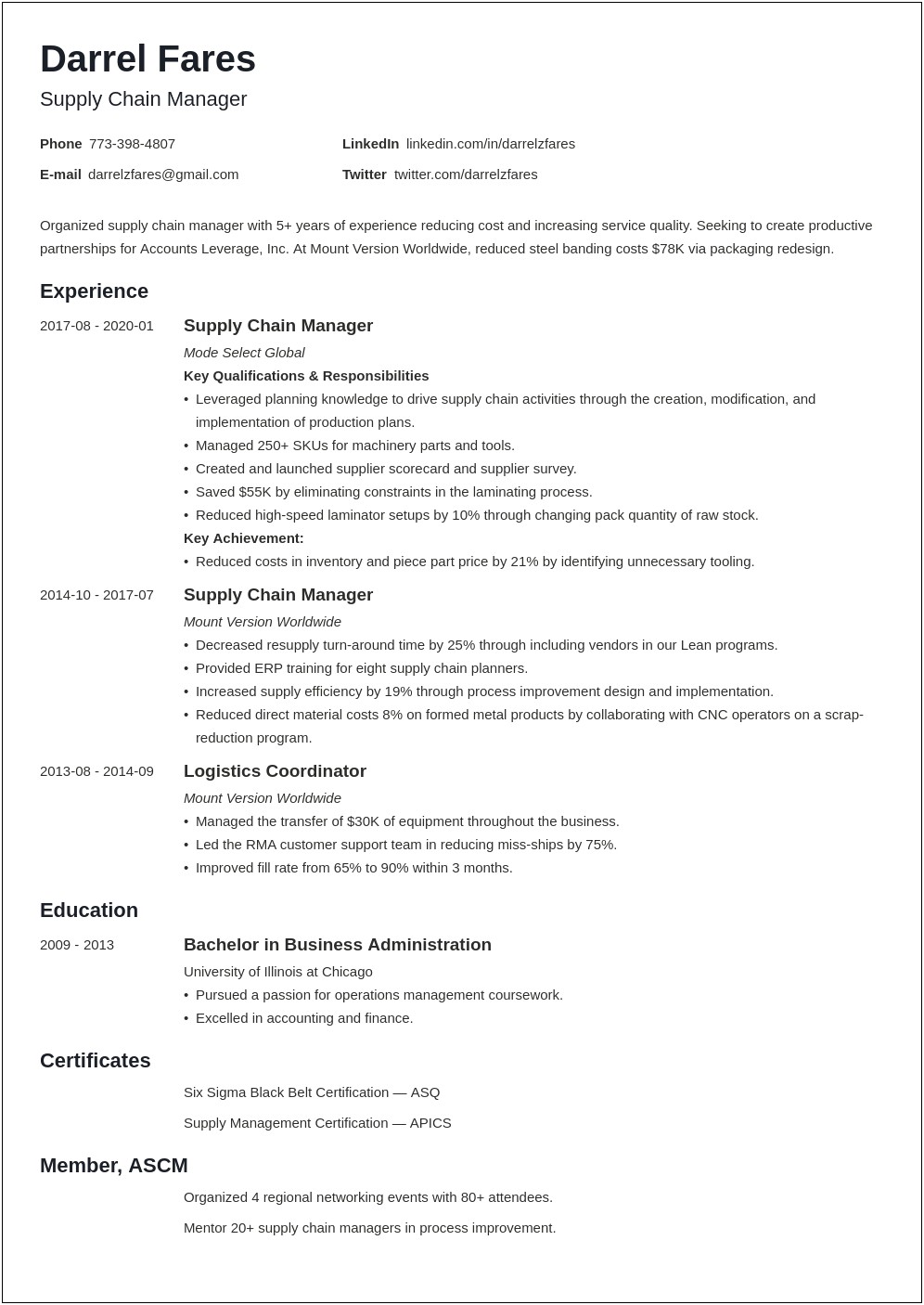 Logistics And Supply Chain Manager Resume Samples