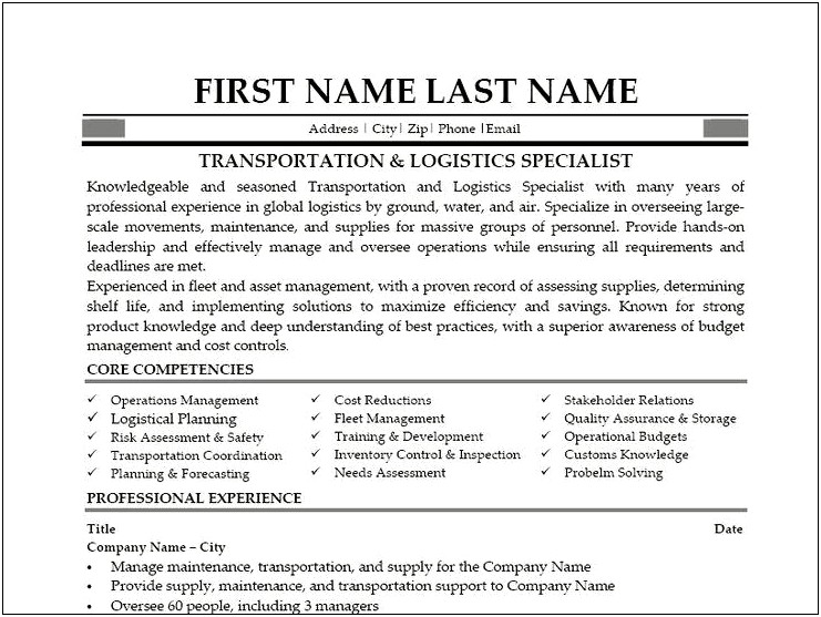 Logistics Management Specialist Resume Example