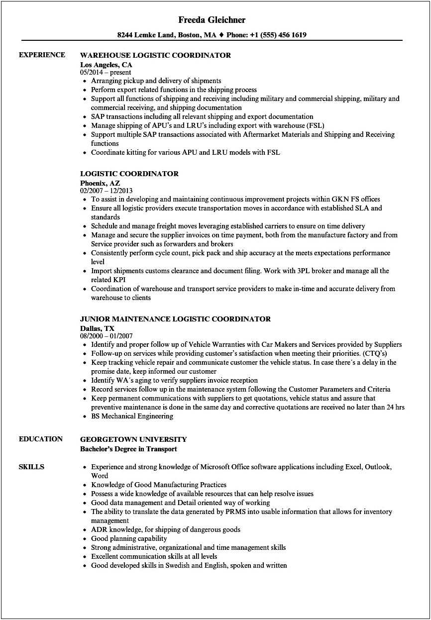 Logistics Officer Job Description Resume