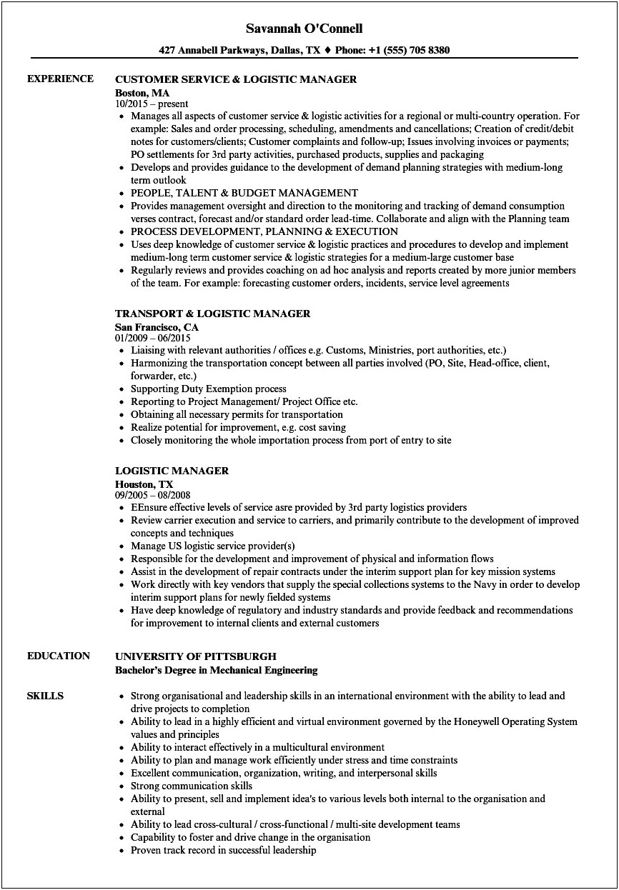 Logistics Operations Manager Resume Examples