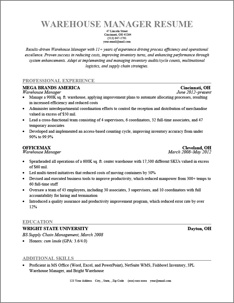 Logistics Supervisor Job Description Resume