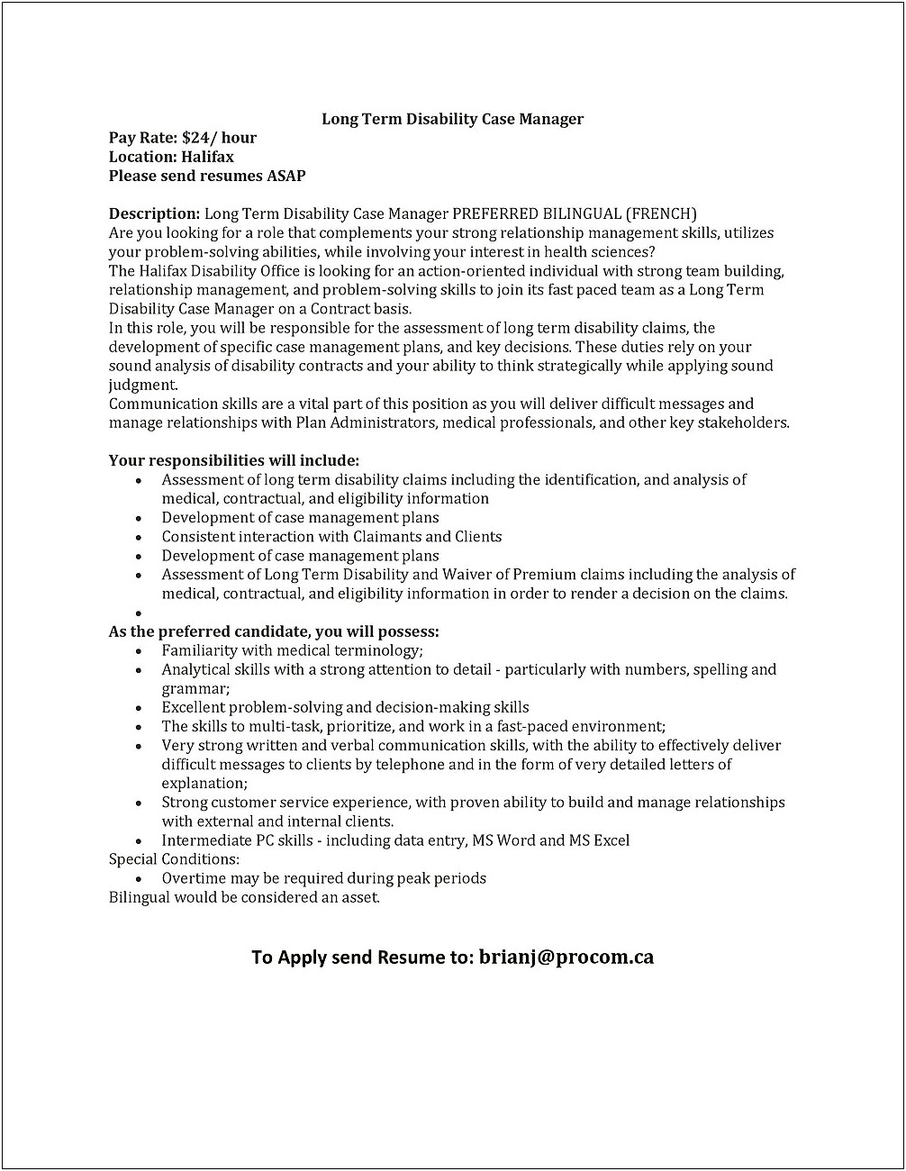 Long Term Disability Case Manager Resume
