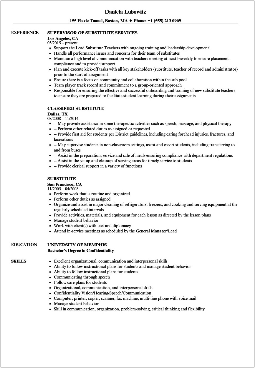 Long Term Sub Experience In Resume