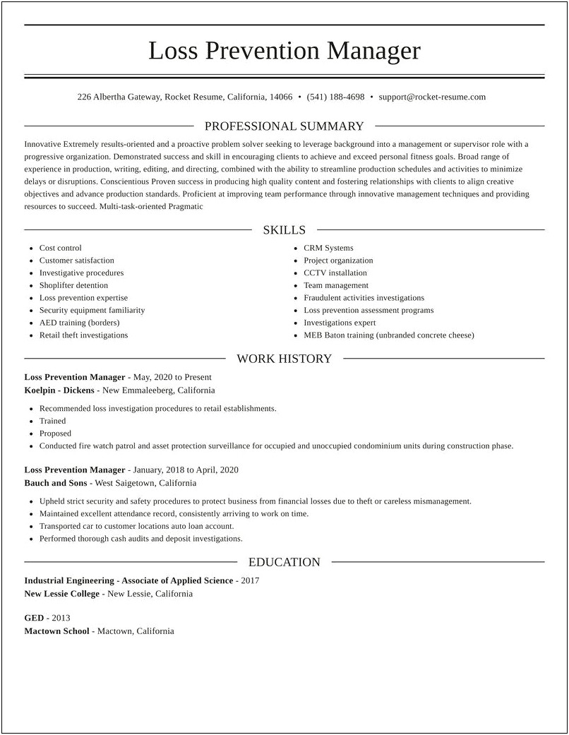 Loss Prevention Manager Resume Summary