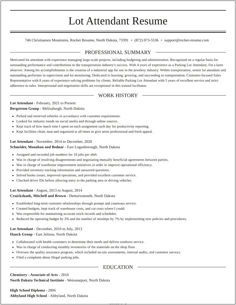 Lot Attendant Job Description For Resume