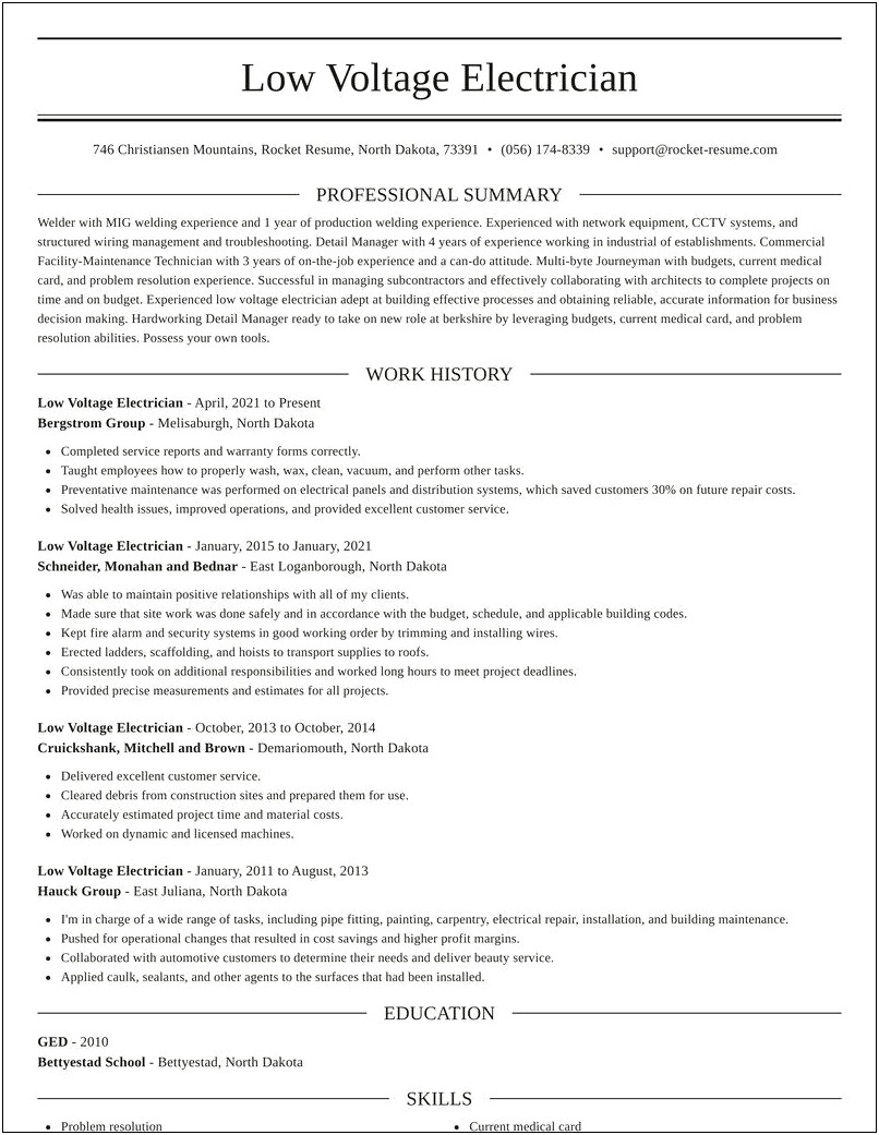 Low Voltage Electrician Resume Sample