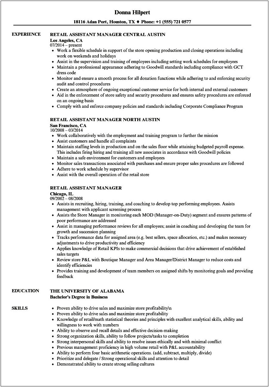 Luxury Retail Store Manager Resume