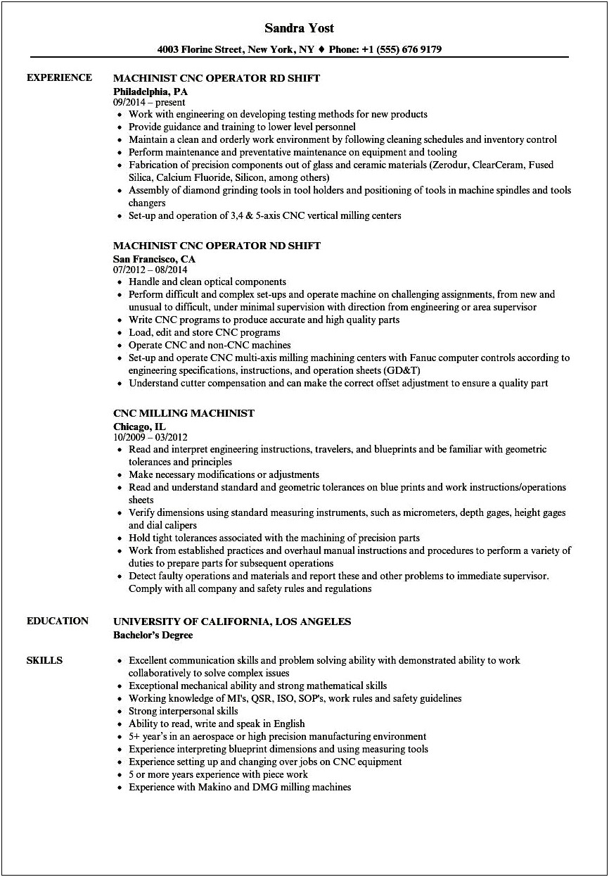 Machinist Job Description For Resume