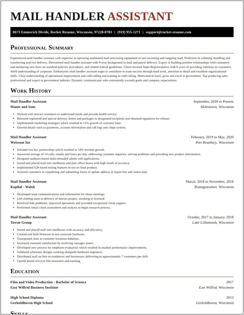 Mail Handler Job Description Resume