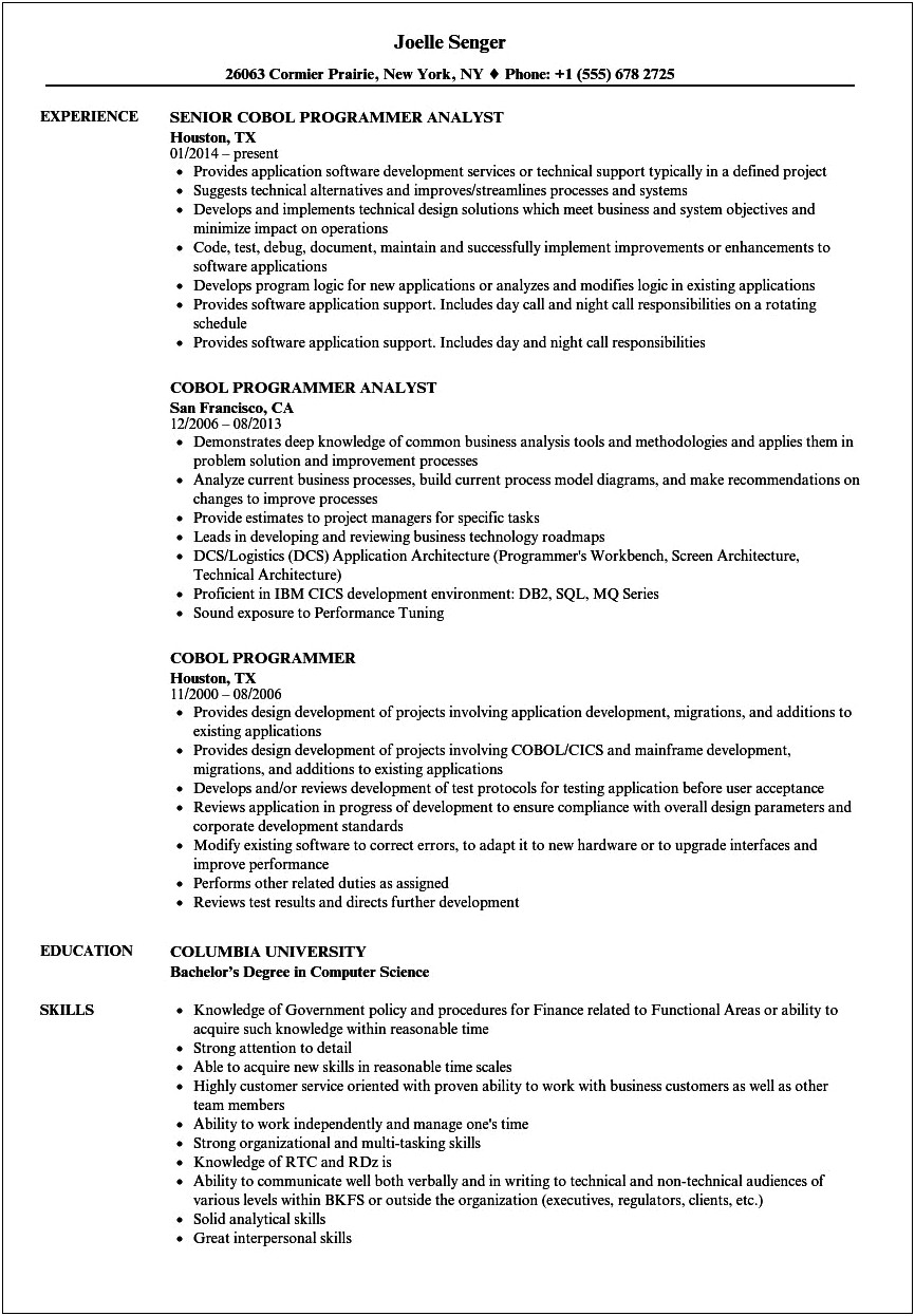 Mainframe Resume For 3 Years Experience