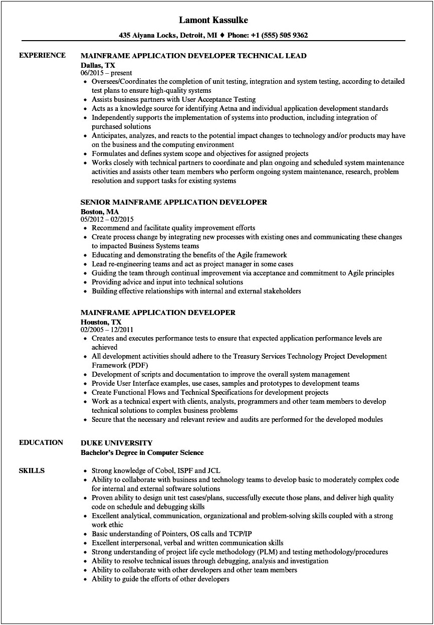 Mainframe Resume For 5 Years Experience