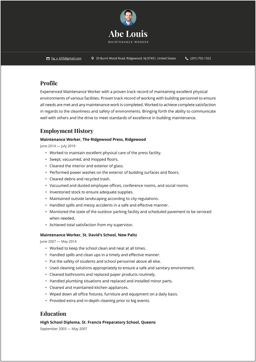 Maintenace Job Summary Of Qualifications Resume