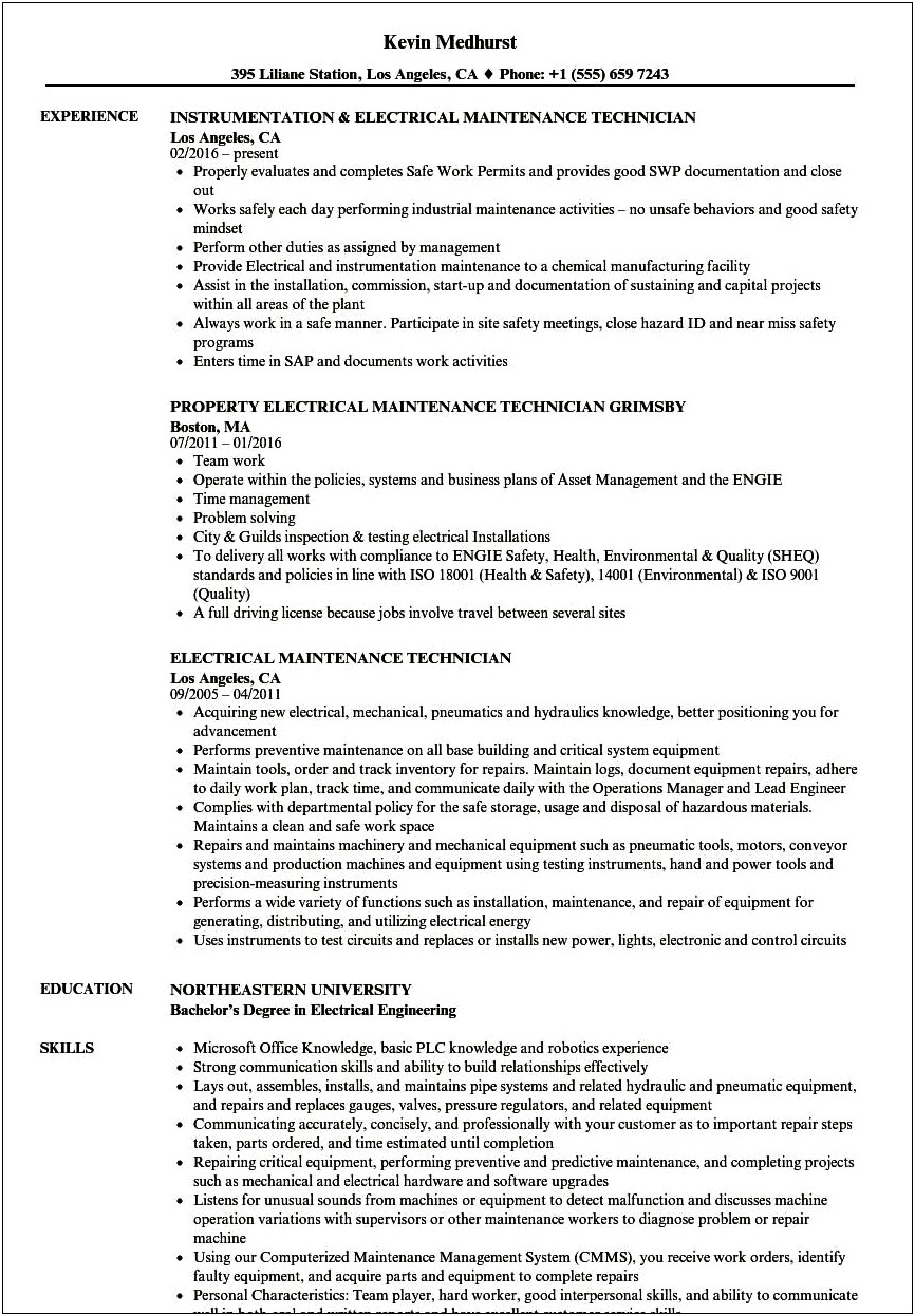 Maintenance Electrician Job Description Resume