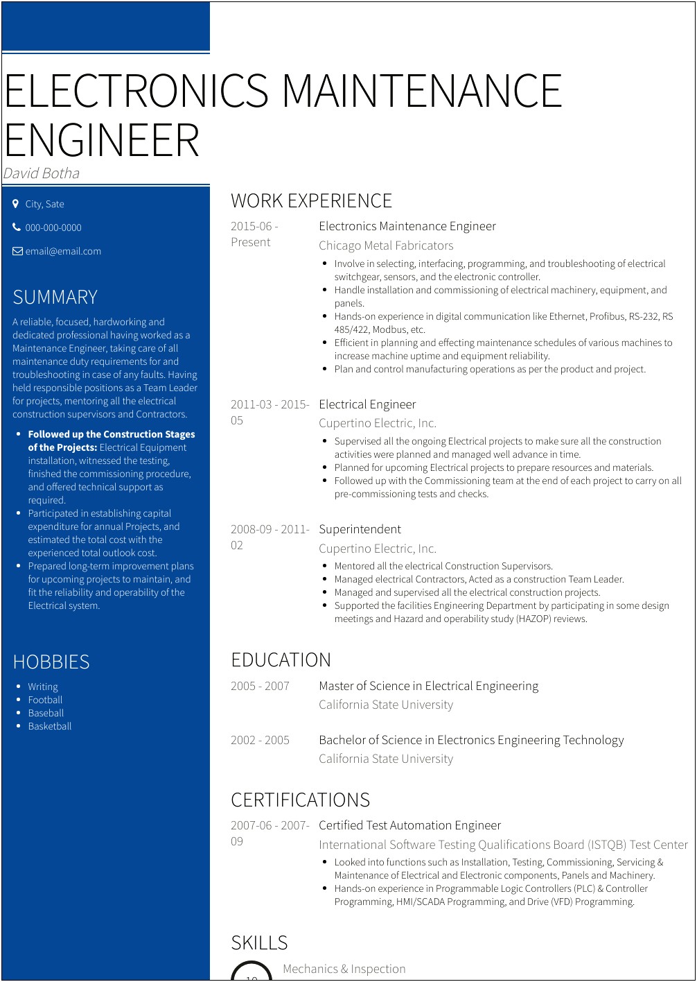 Maintenance Engineer Job Description Resume