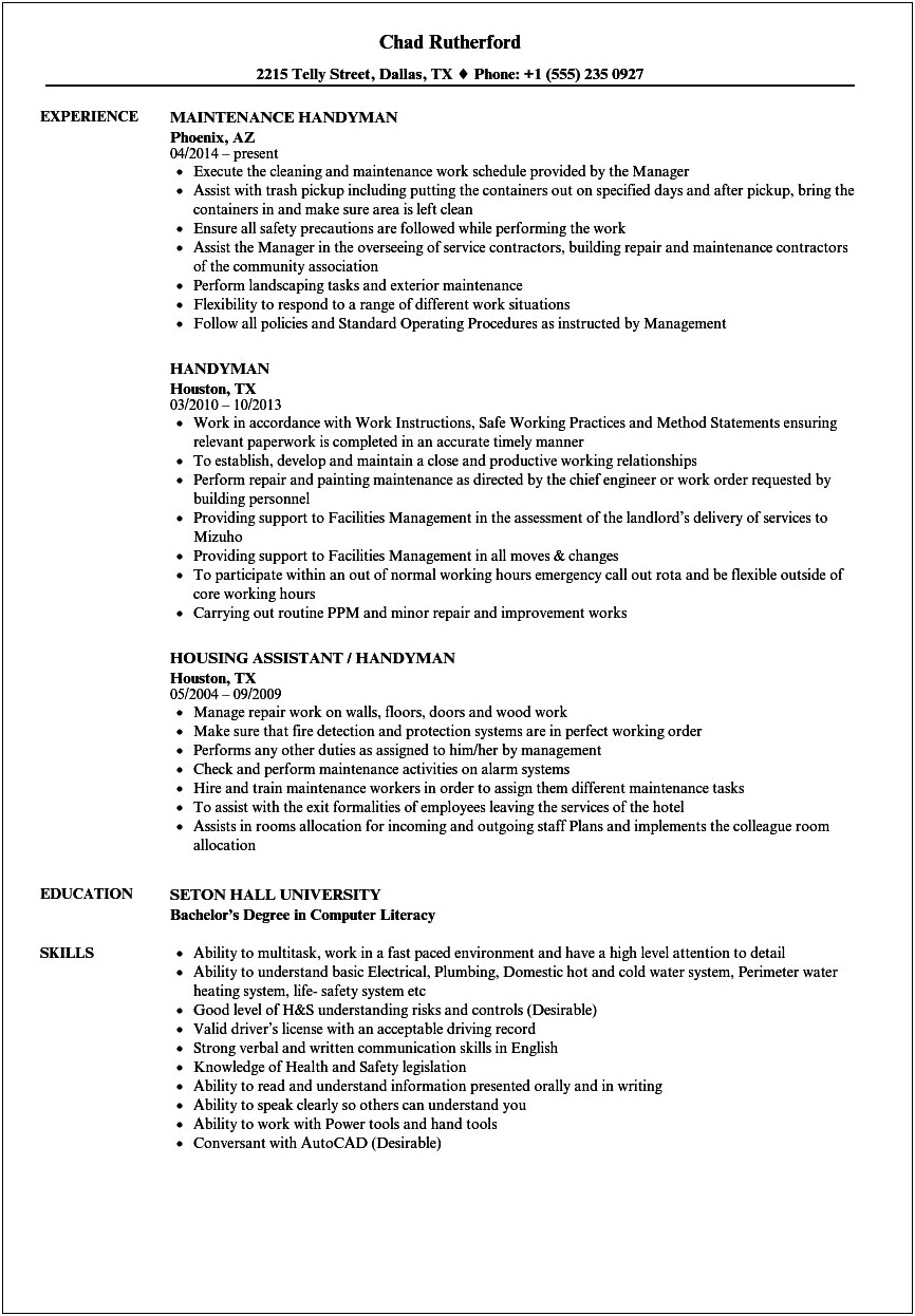 Maintenance Man Job Description Resume