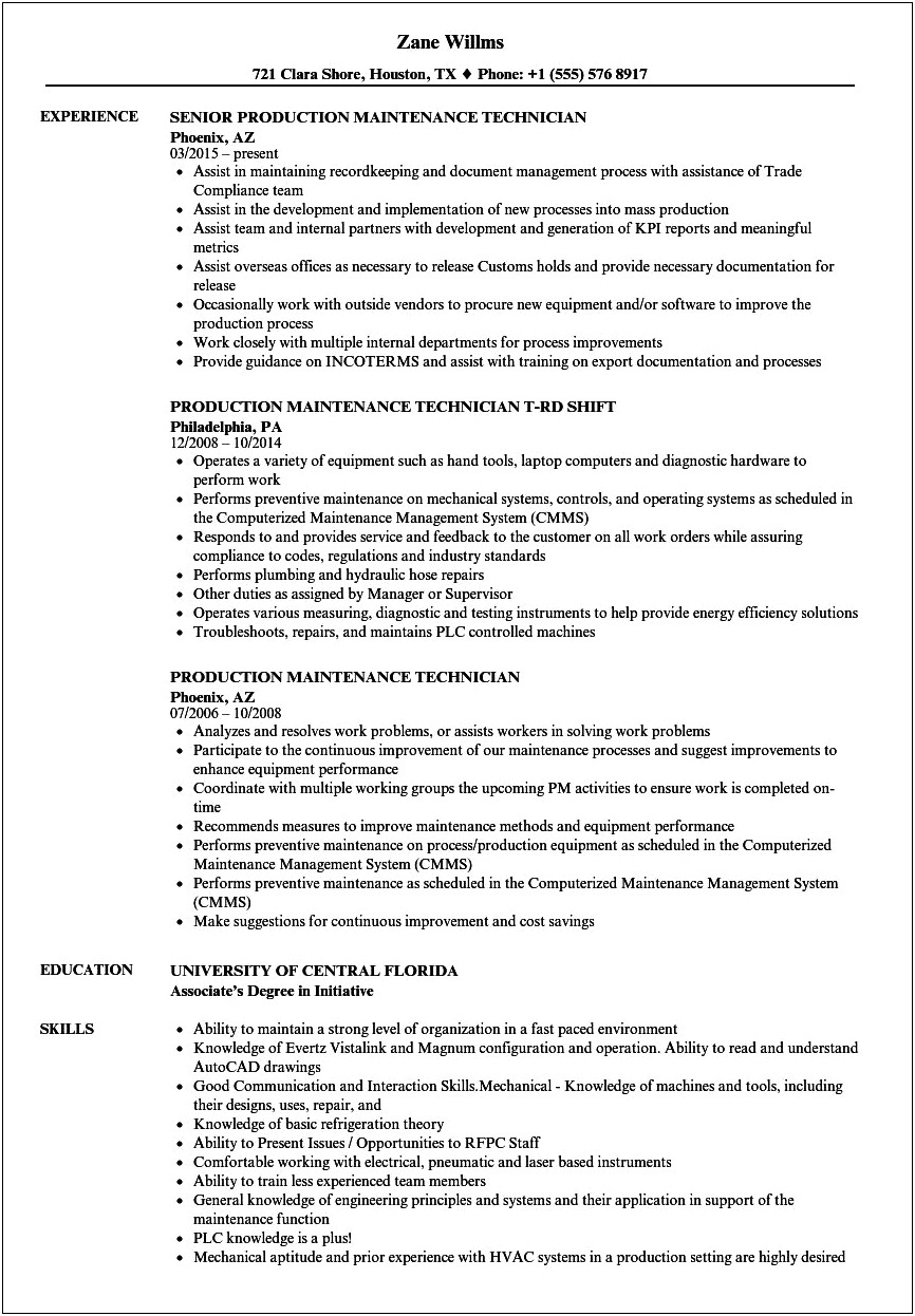 Maintenance Mechanic Job Description Resume