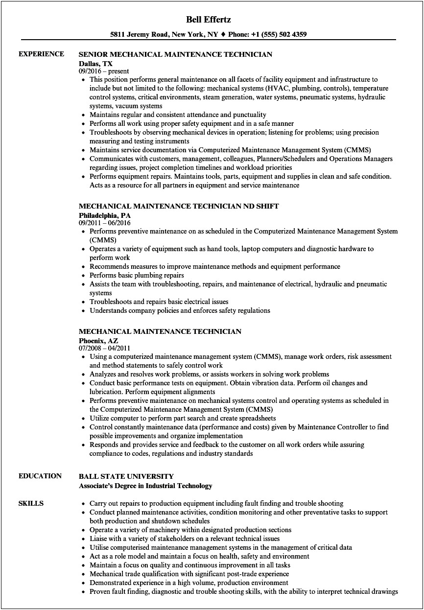 Maintenance Supervisor Job Description Resume