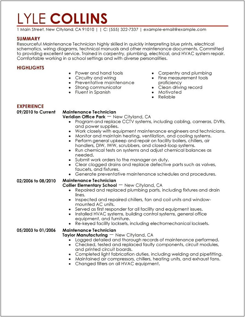Maintenance Tech Job Description Resume