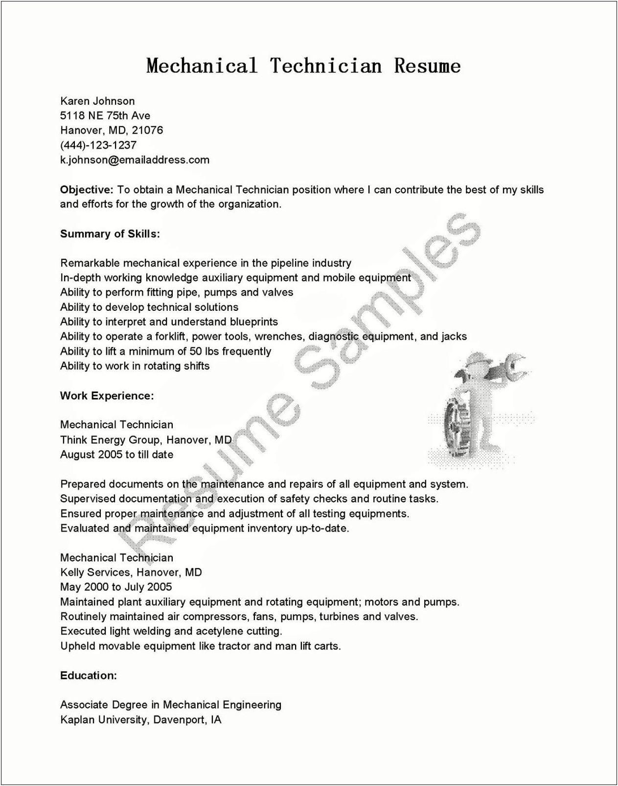 Maintenance Technician Resume Job Description