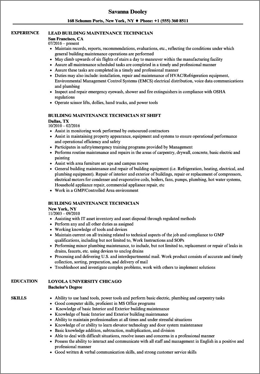 Maintenance Technician Resume Summary Examples