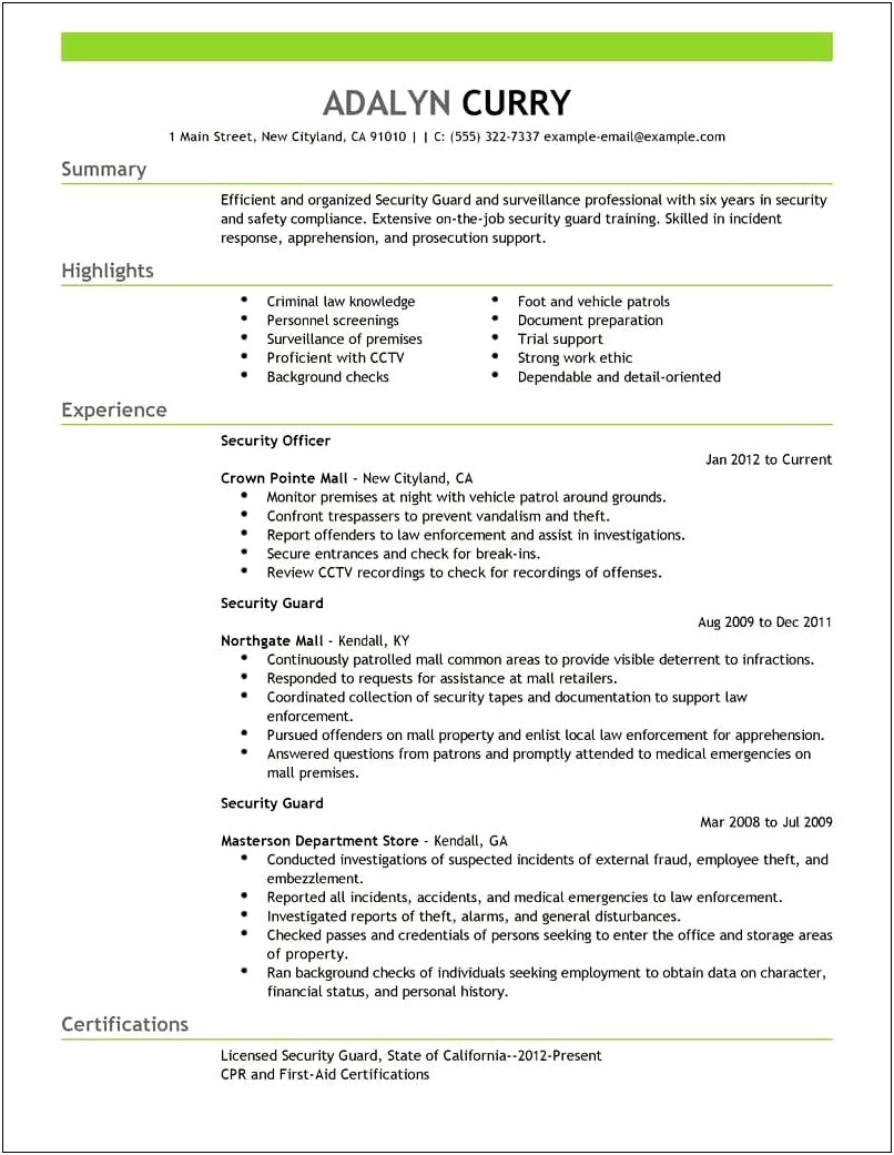 Mall Security Guard Resume Sample