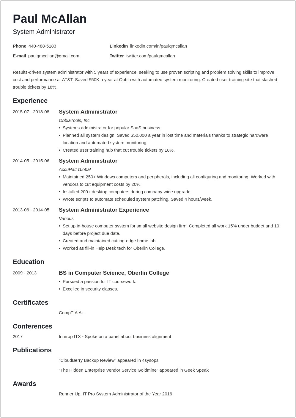 Manage Server System Administrator Resume