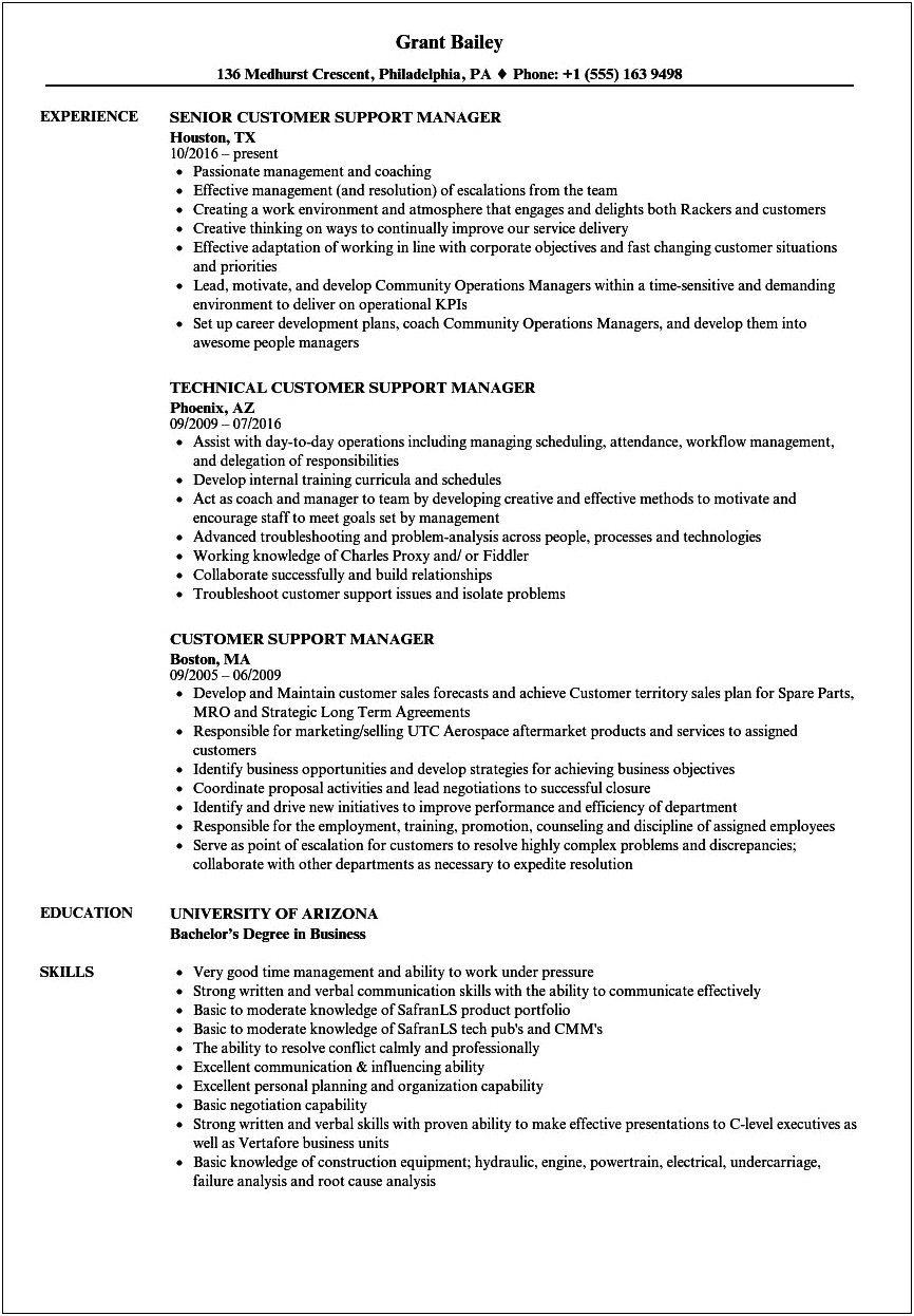Management And Customer Service Resume