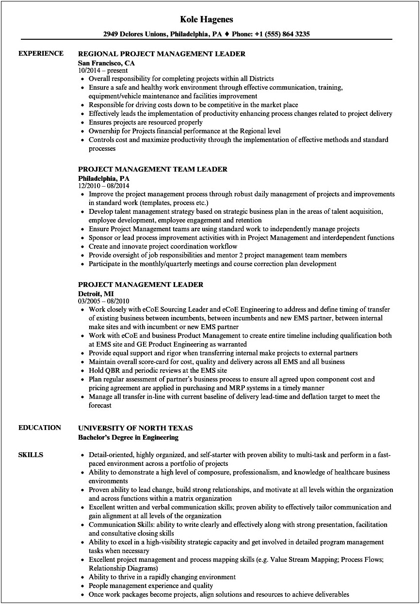 Management And Leadership Skills For Resume