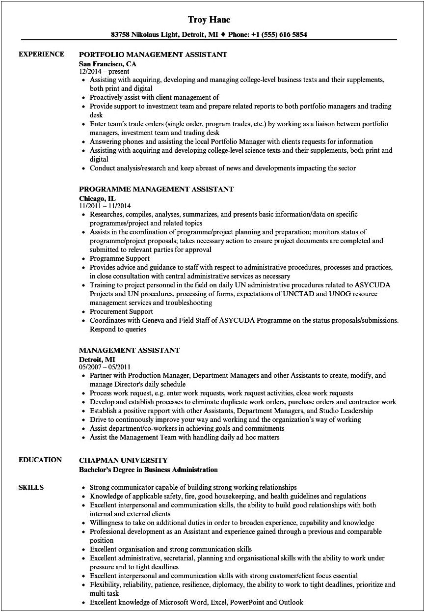 Management Assistant Job Description Resume