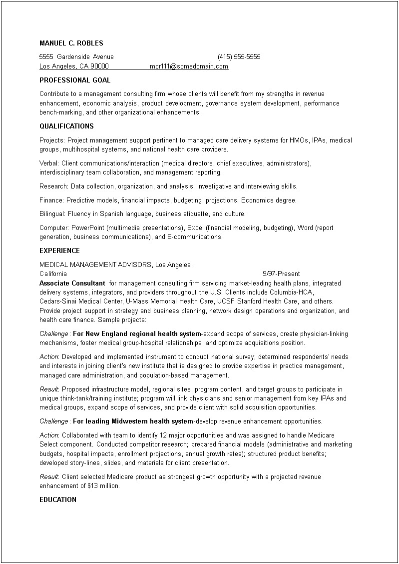 Management Consulting Resume Phd Students
