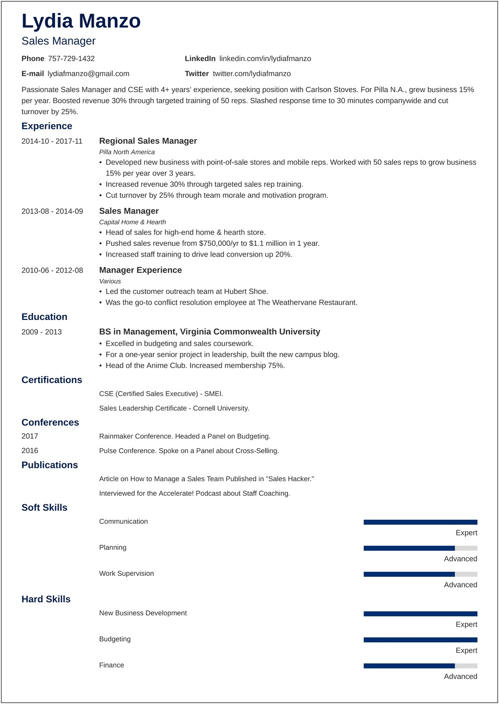Management Position Professional Summary For Resume