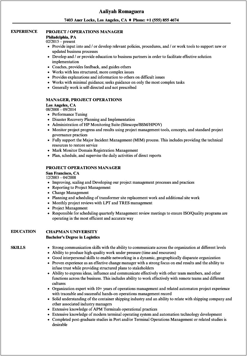 Manager Of Operations Qualities Resume