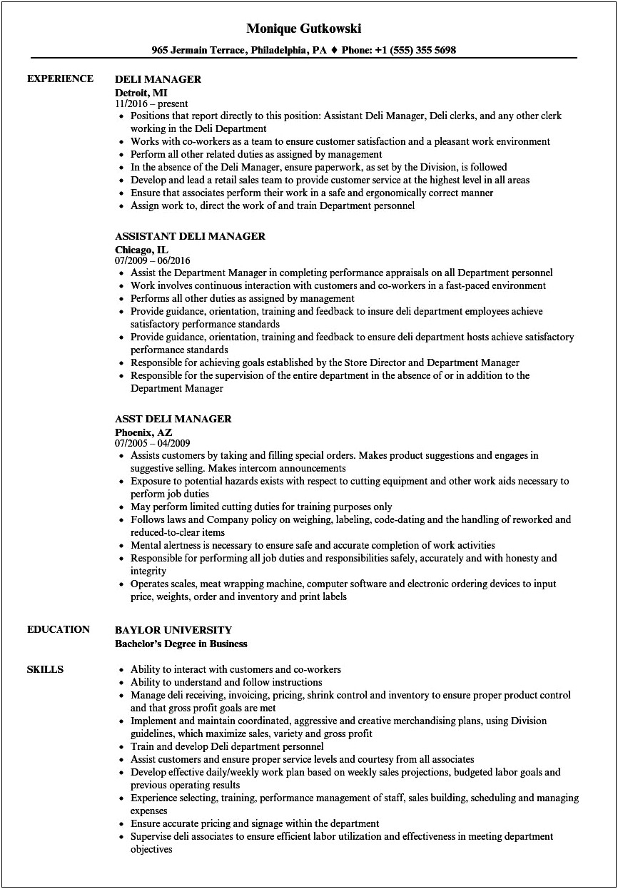 Manager Of Pizza Store Resume