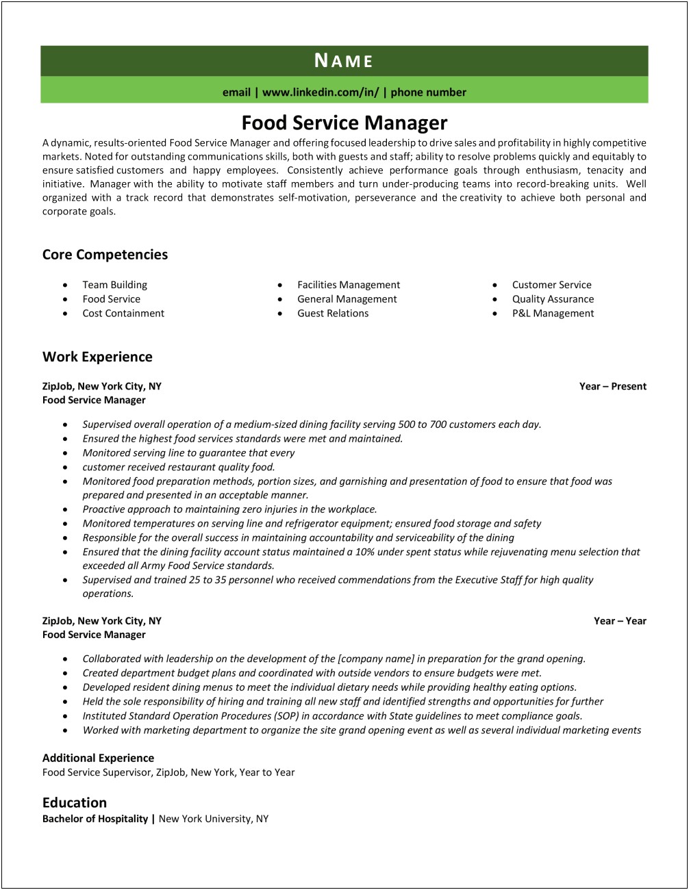 Managerial Food Service Manager Resume